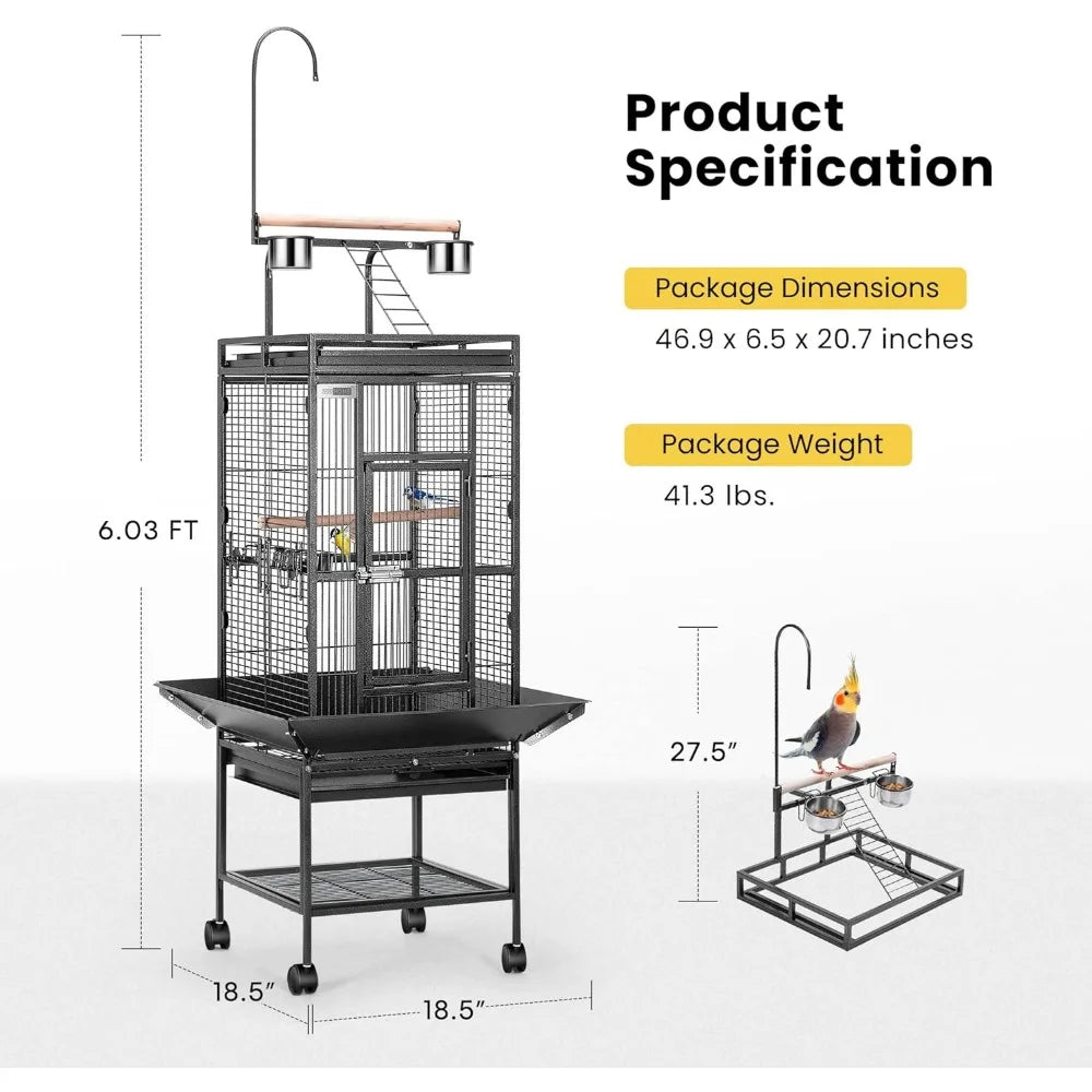 72 Inch Wrought Iron Large Bird Cage with Play Top and Stand for Parrots Lovebird Cockatiel Parakeets