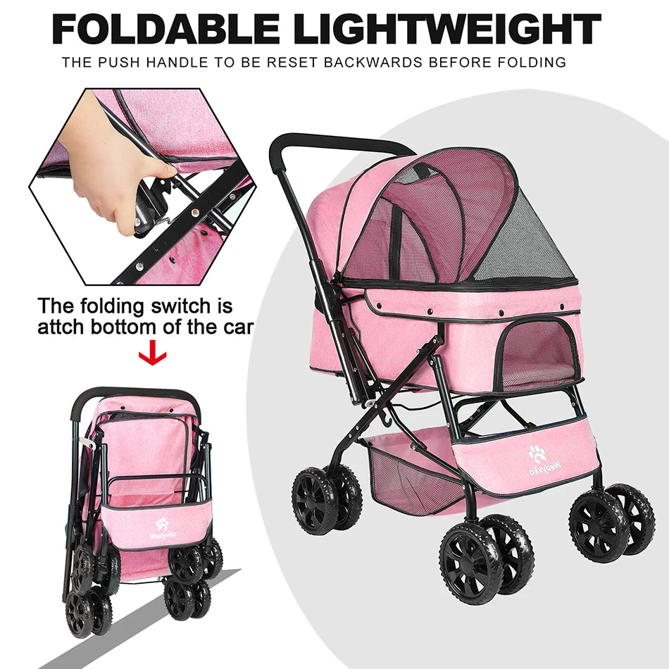 44lbs 4 Wheels Foldable Stroller with Brakes for Dogs Cats