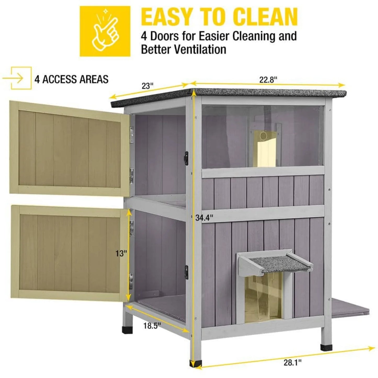 US Feral Cat Shelter 2-Room Outdoor Cat House for Rescued Cats