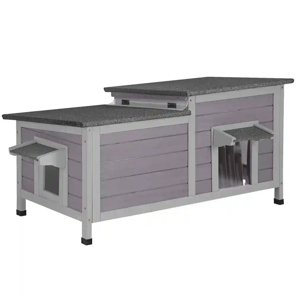 US Feral Cat Shelter 2-Room Outdoor Cat House for Rescued Cats