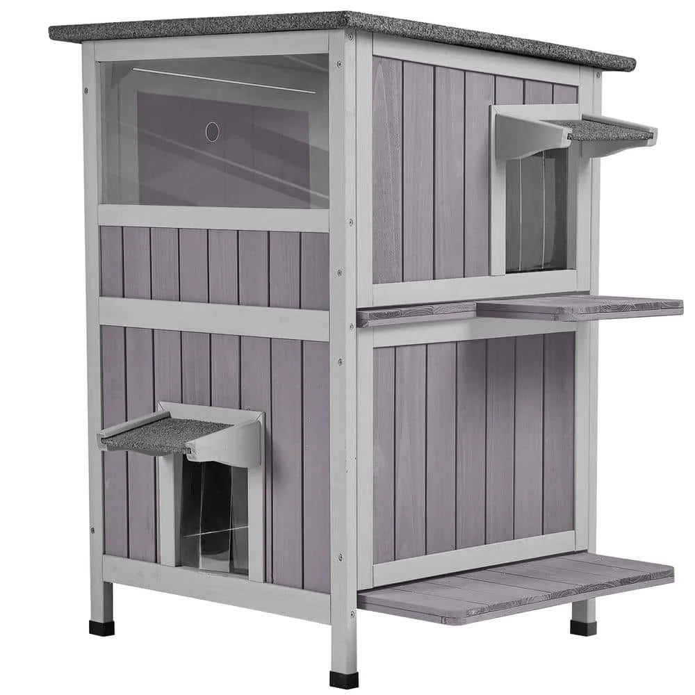 US Feral Cat Shelter 2-Room Outdoor Cat House for Rescued Cats