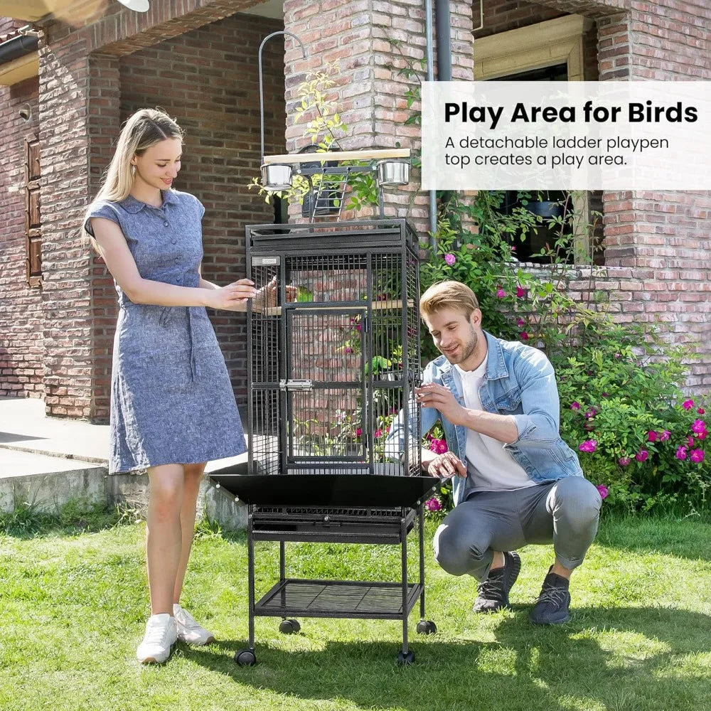 72 Inch Wrought Iron Large Bird Cage with Play Top and Stand for Parrots Lovebird Cockatiel Parakeets