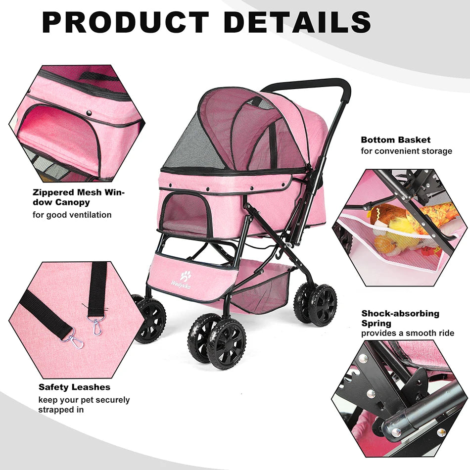 44lbs 4 Wheels Foldable Stroller with Brakes for Dogs Cats
