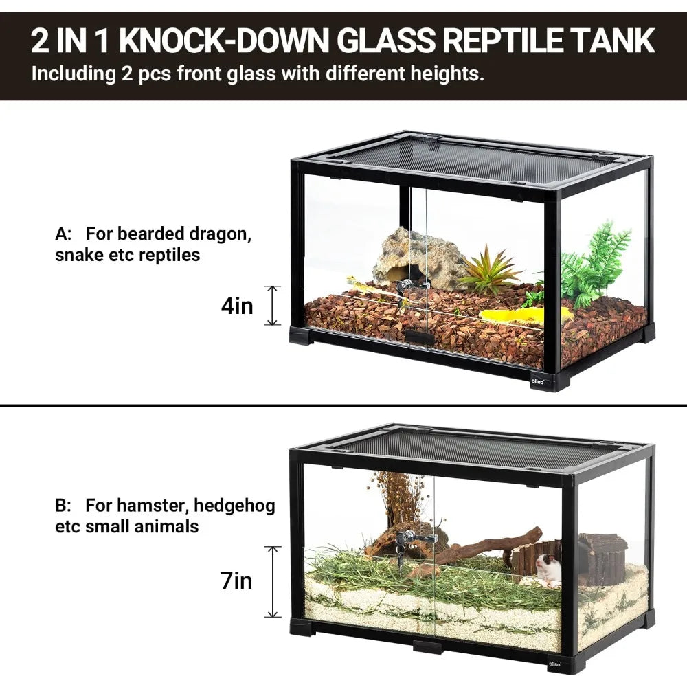 25 Gallon Glass Reptile Tank Terrarium 24" x 16" x 16", 2 in 1 Front Glasses Sliding Doors Hamster Cage with Screen