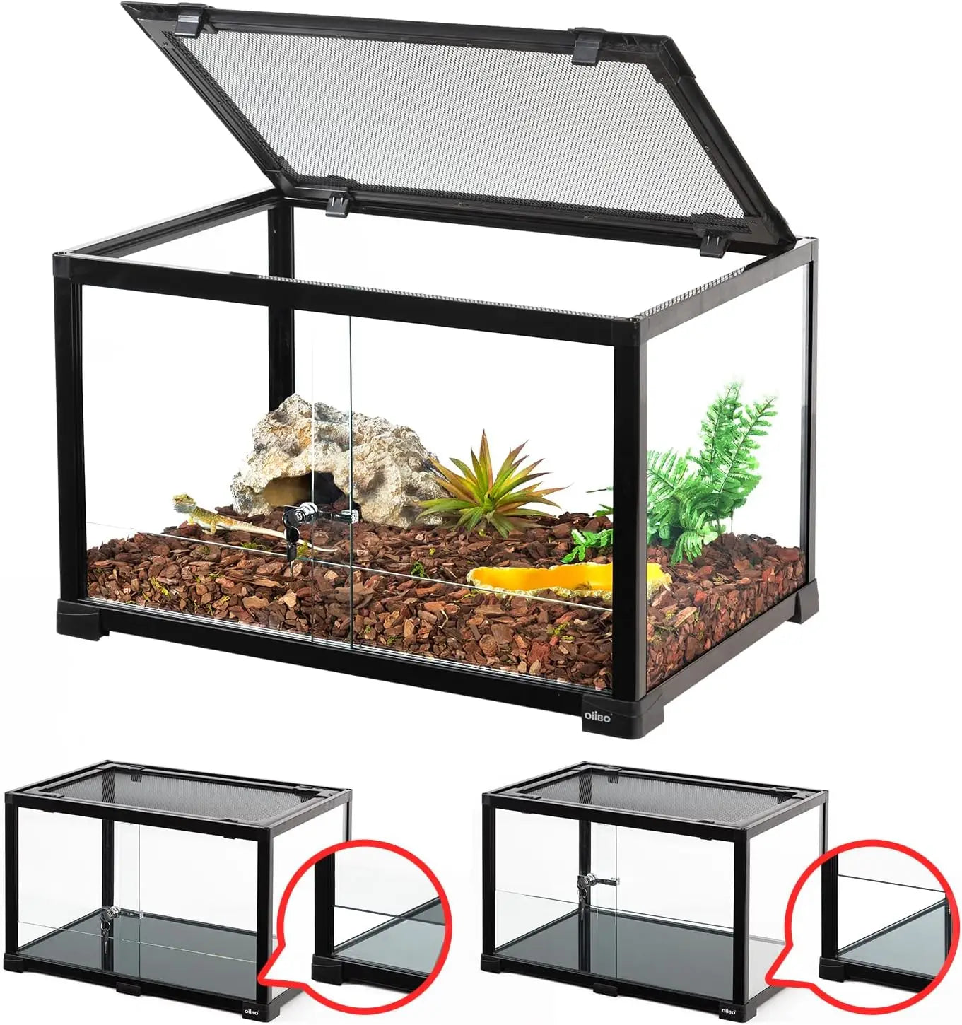 25 Gallon Glass Reptile Tank Terrarium 24" x 16" x 16", 2 in 1 Front Glasses Sliding Doors Hamster Cage with Screen