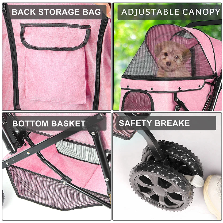 44lbs 4 Wheels Foldable Stroller with Brakes for Dogs Cats