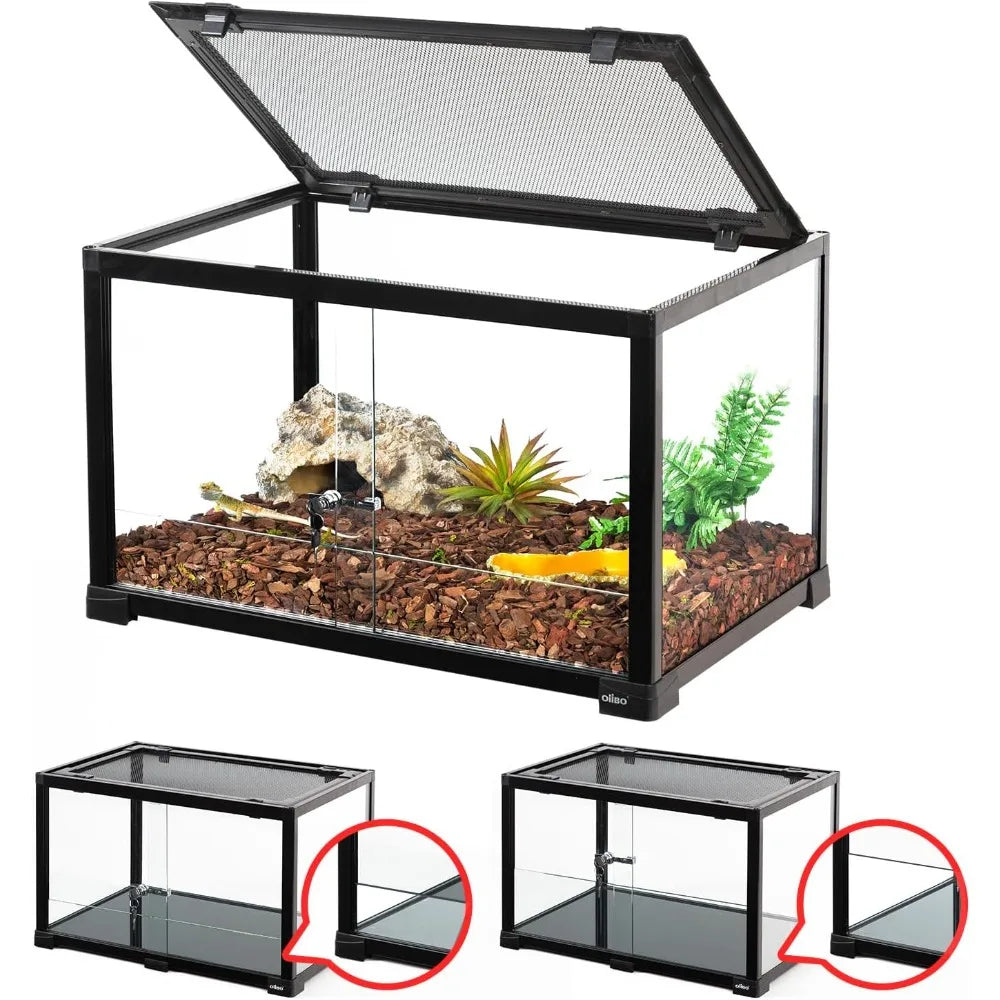25 Gallon Glass Reptile Tank Terrarium 24" x 16" x 16", 2 in 1 Front Glasses Sliding Doors Hamster Cage with Screen