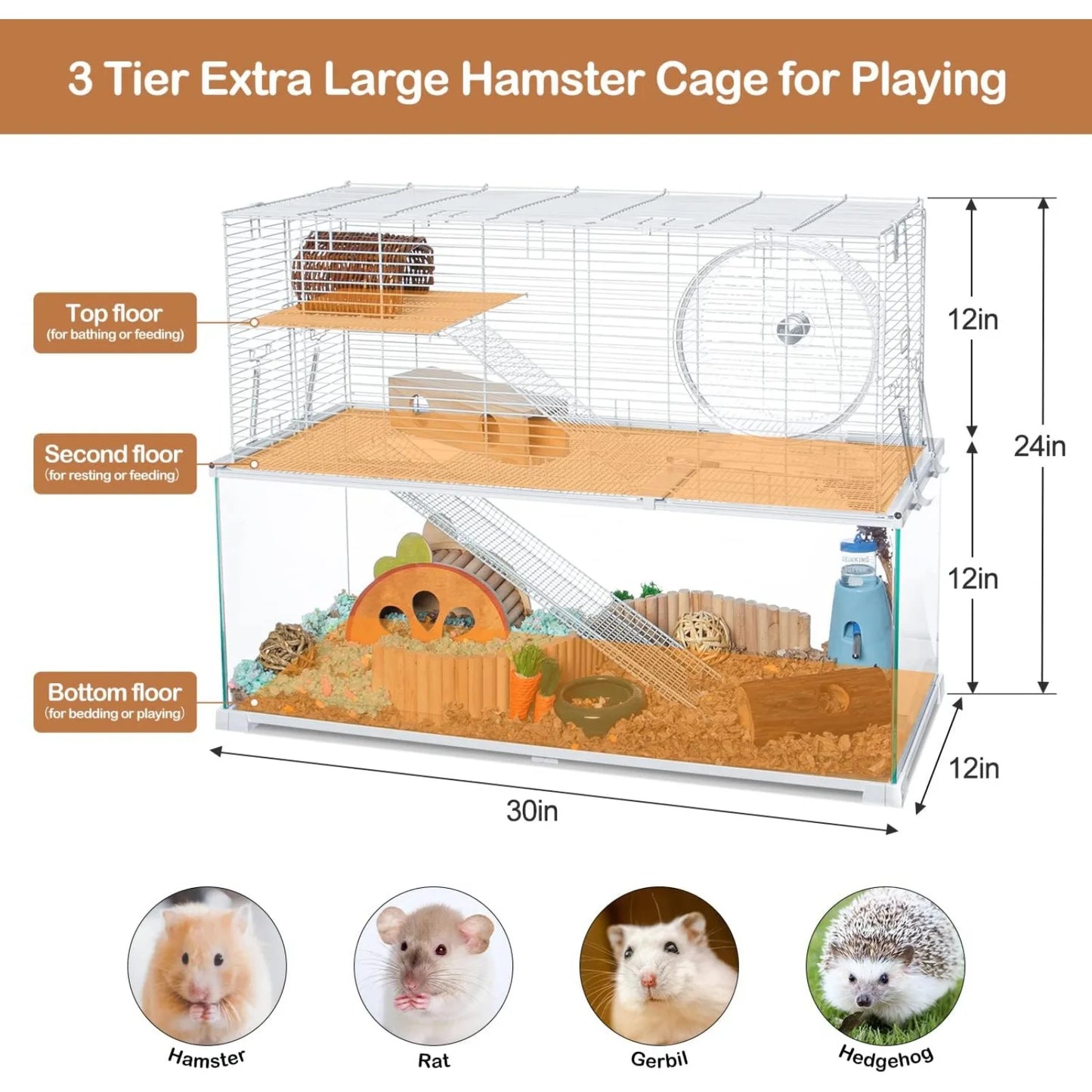 US 3 Tiers Large Hamster Cages, Glass Hamster Cage