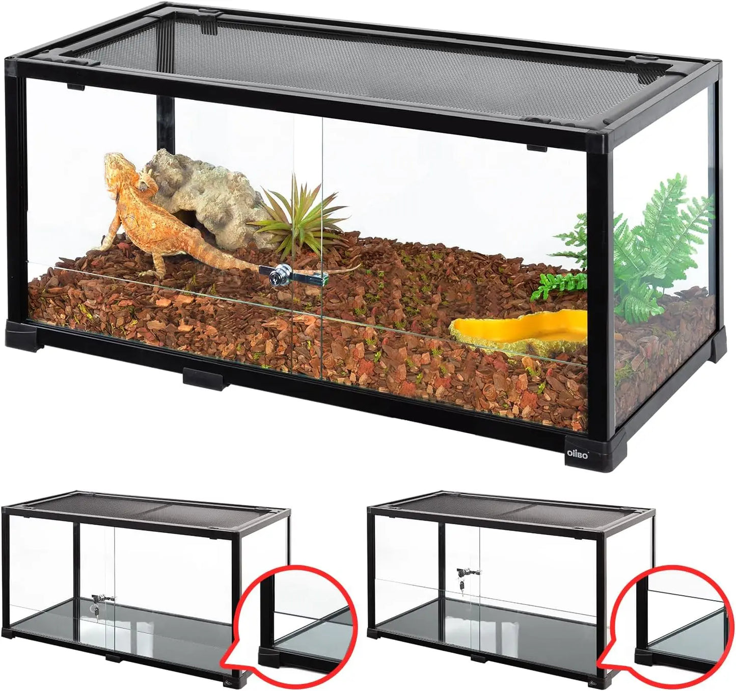 25 Gallon Glass Reptile Tank Terrarium 24" x 16" x 16", 2 in 1 Front Glasses Sliding Doors Hamster Cage with Screen