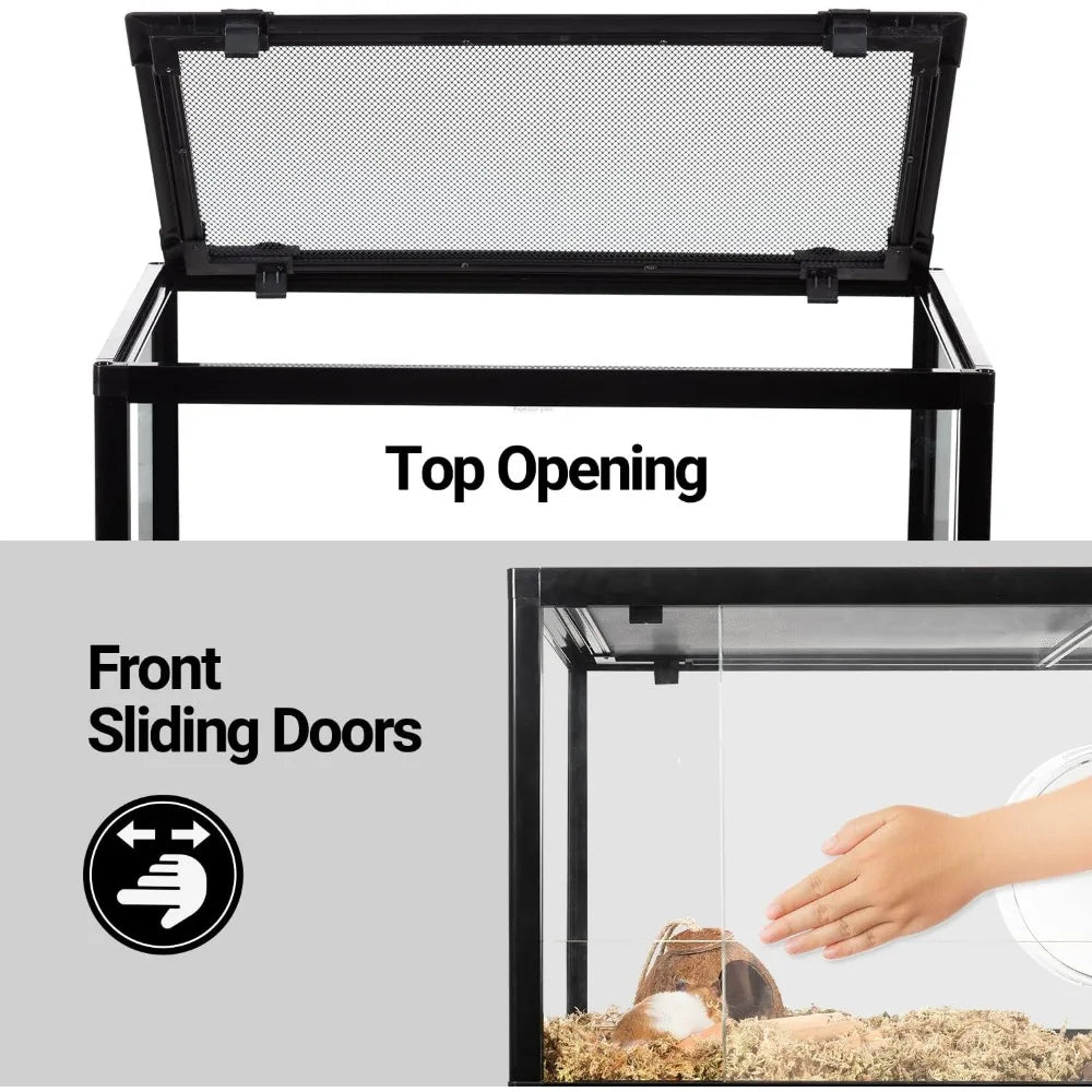 25 Gallon Glass Reptile Tank Terrarium 24" x 16" x 16", 2 in 1 Front Glasses Sliding Doors Hamster Cage with Screen