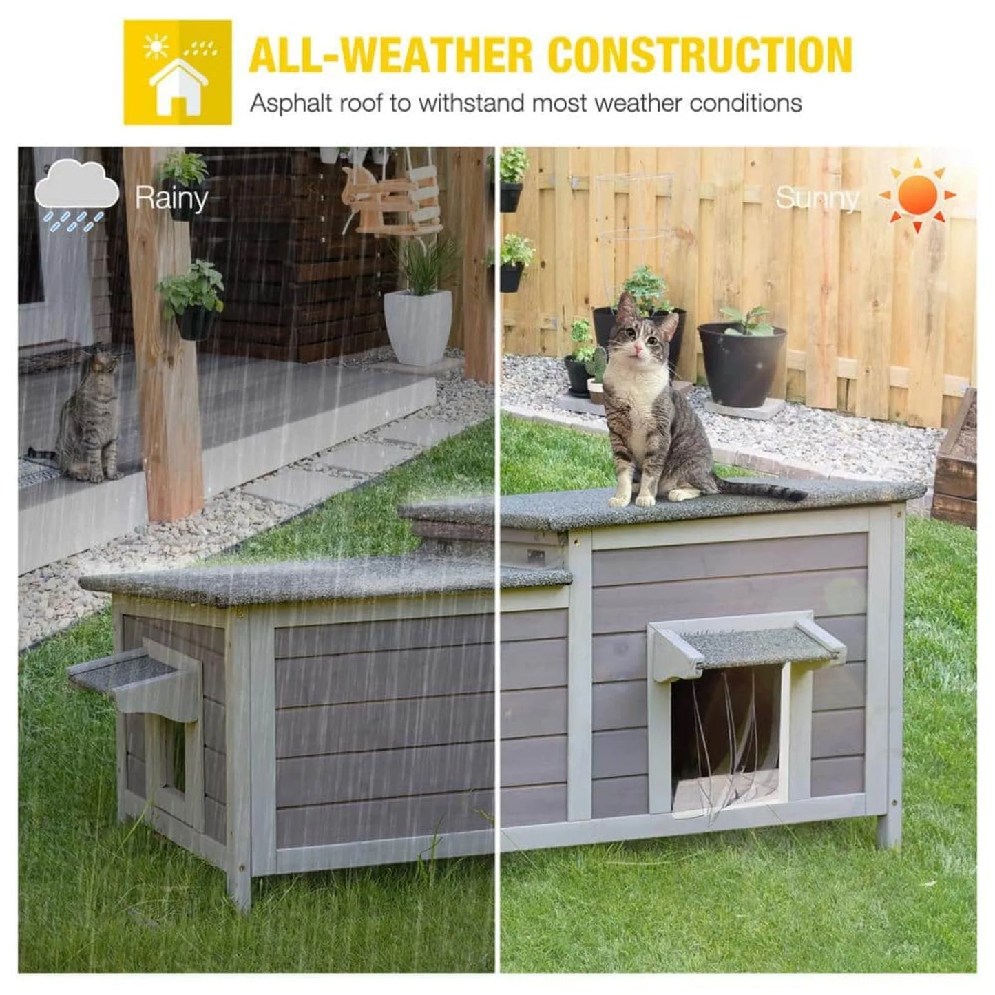 US Feral Cat Shelter 2-Room Outdoor Cat House for Rescued Cats