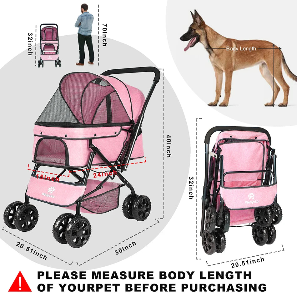 44lbs 4 Wheels Foldable Stroller with Brakes for Dogs Cats